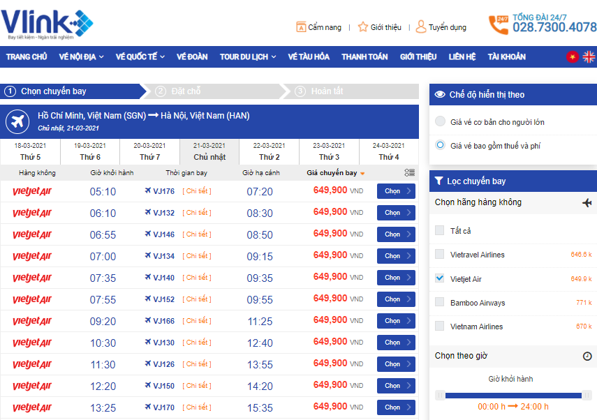 Giá vé máy bay đi Hà Nội Vietjet tại Vlink