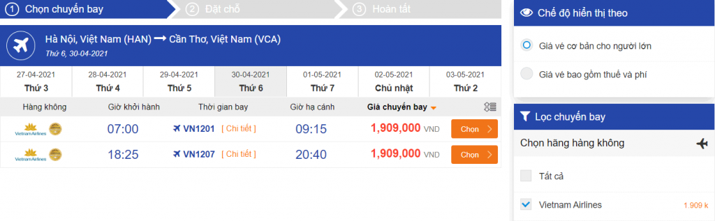 Giá vé máy bay Hà Nội Cần Thơ Vietnam Airline một chiều