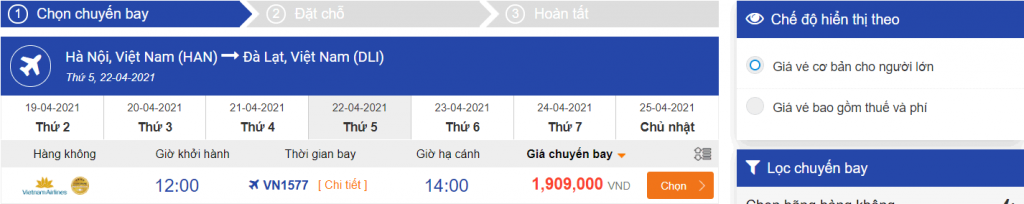 giá vé máy bay hà nội đà lạt vietnam airline