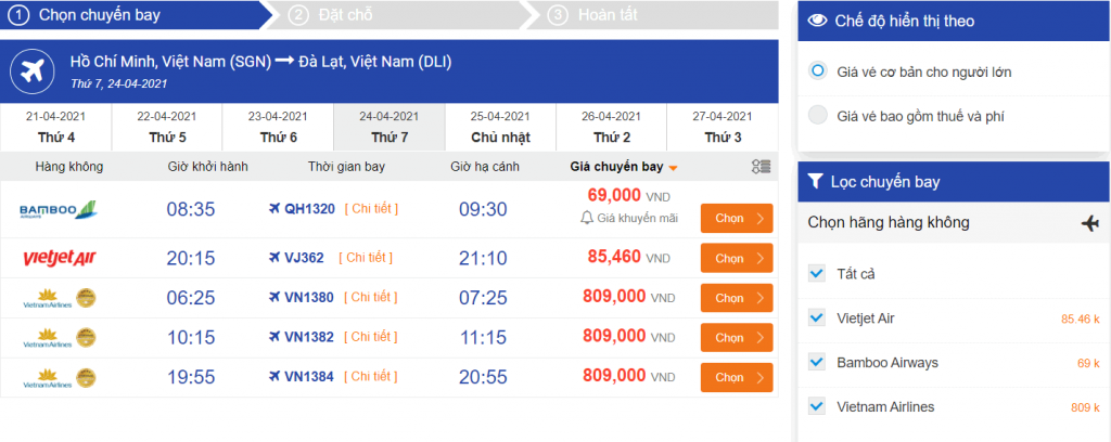 Giá vé máy bay Sài Gòn Đà Lạt một chiều