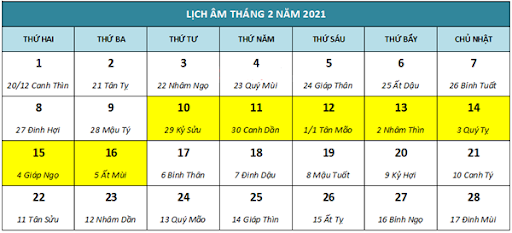 Lịch nghỉ tết nguyên đán 2021