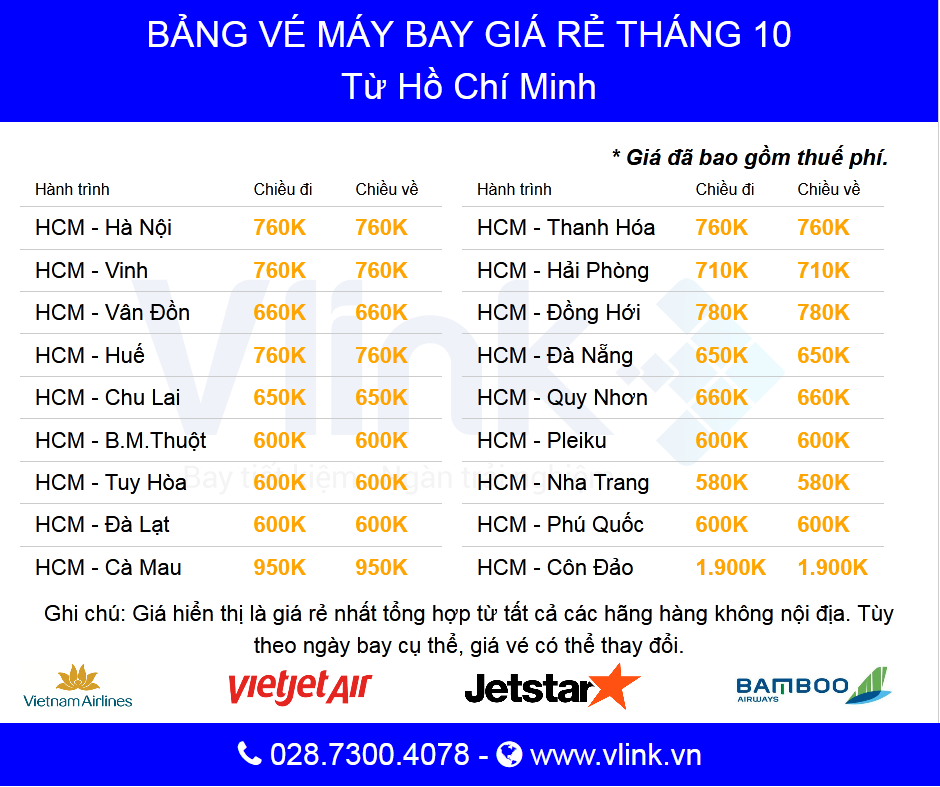 Bảng vé máy bay giá rẻ tháng 10/2020